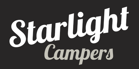 White &ldquo;Starlight Campers&rdquo; logo on a dark background