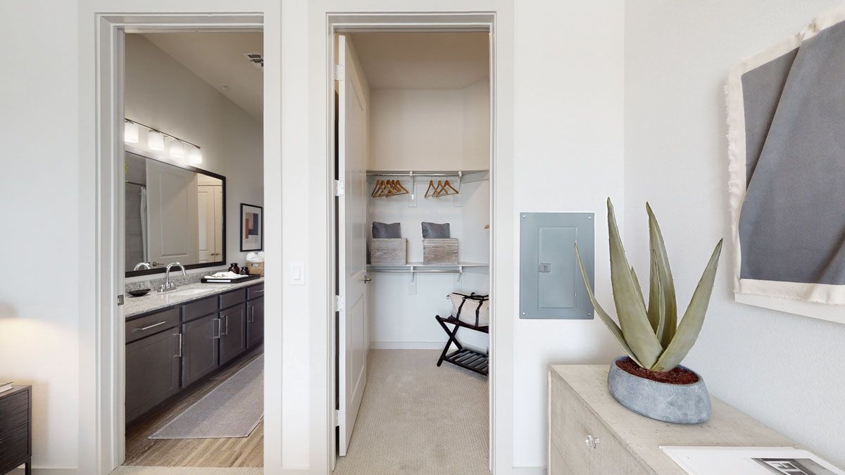 A 3d model of a bedroom with a walk in closet and a bathroom.