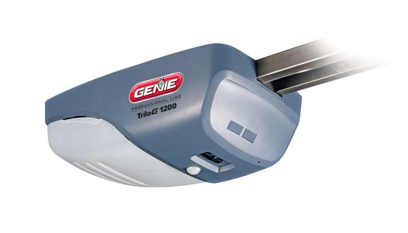 Blue and gray Genie garage door opener mounted on a track.