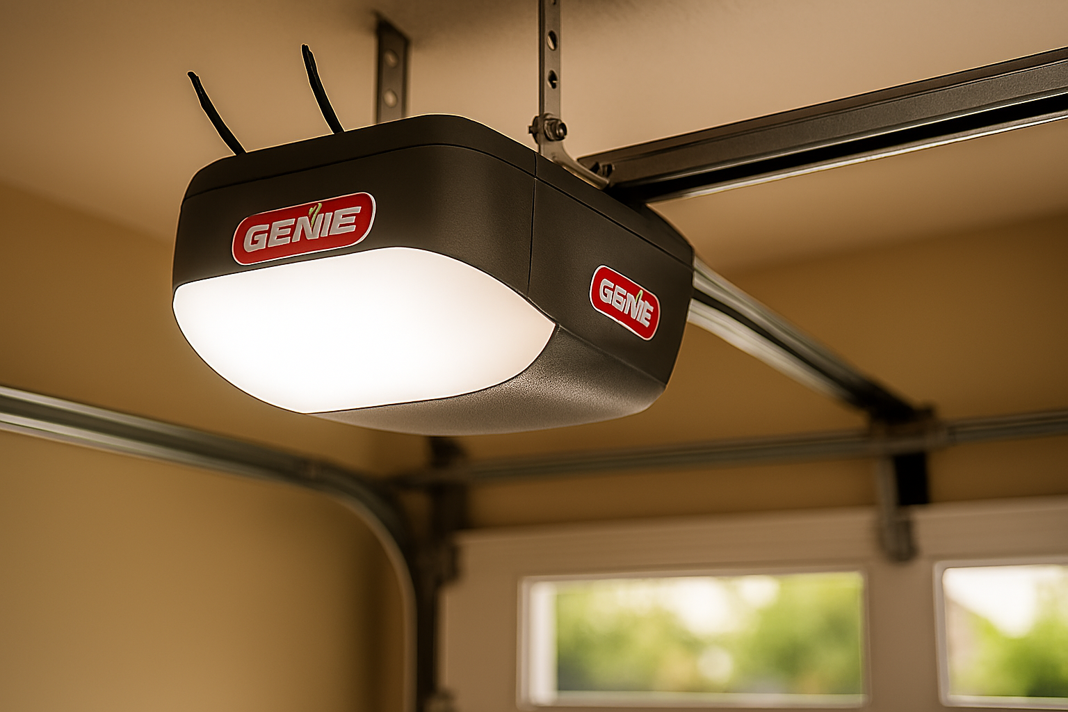 A Genie garage door opener mounted to the ceiling with a light and antenna.