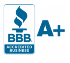 a bbb accredited business logo with a blue flame