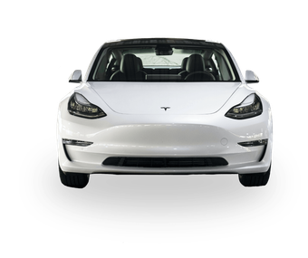 The front of a white tesla model 3 on a white background.