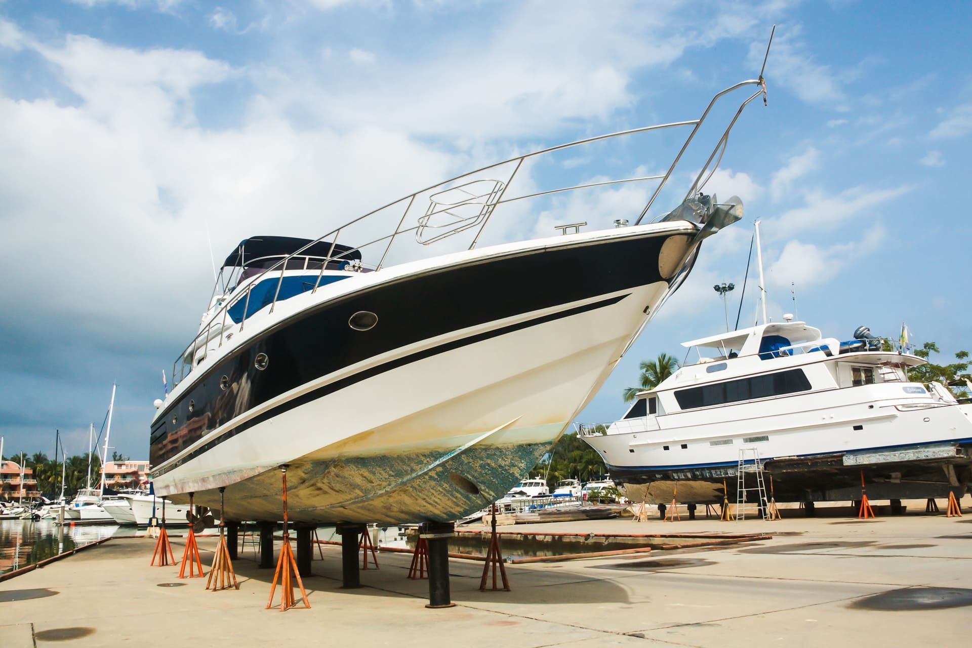 boat on stands in dry dock for repair
