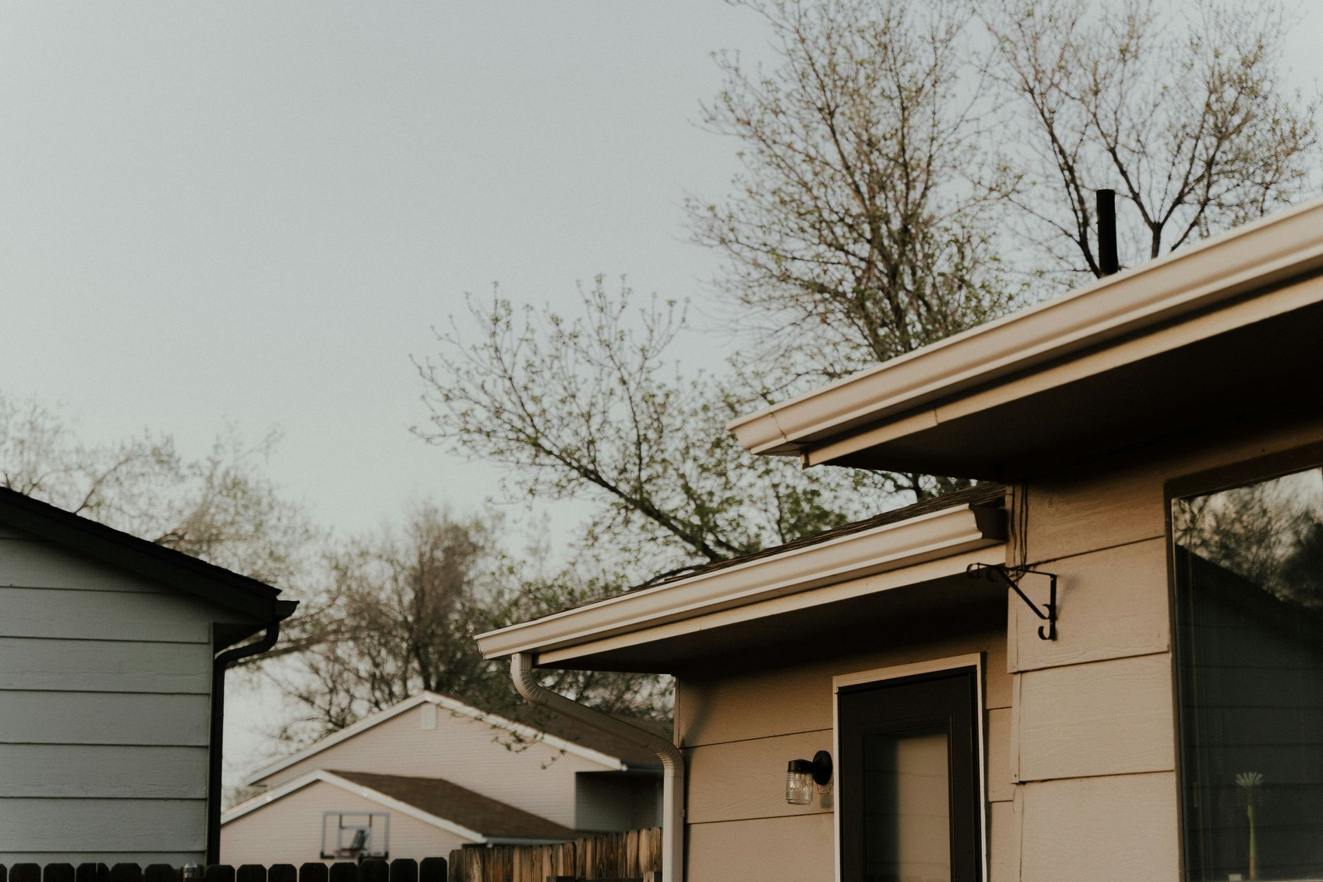 Suburban houses with bare trees under an overcast sky