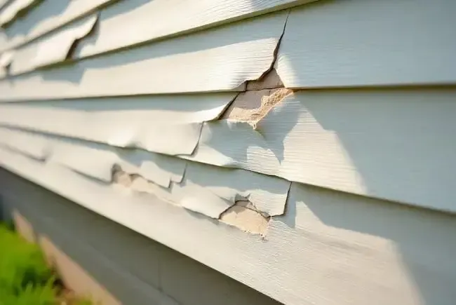 Close-up of house siding with significant peeling, cracked, and damaged paint, revealing the material underneath.