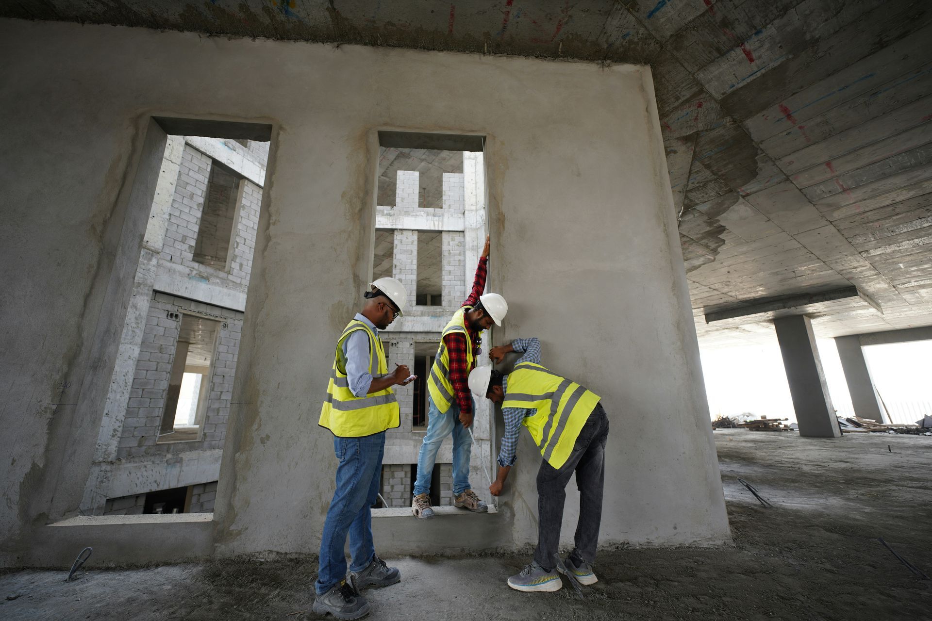 Three construction workers in safety vests inspect a concrete wall inside an unfinished building.