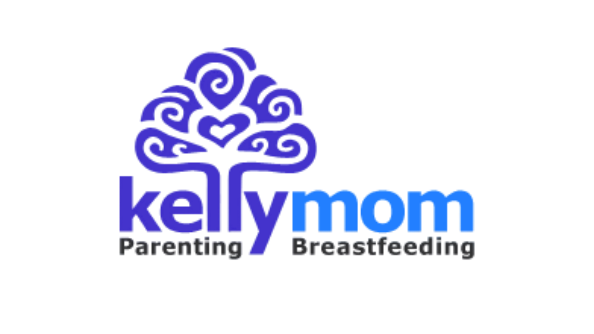 Logo for KellyMom, with a blue tree-like shape and text reading 