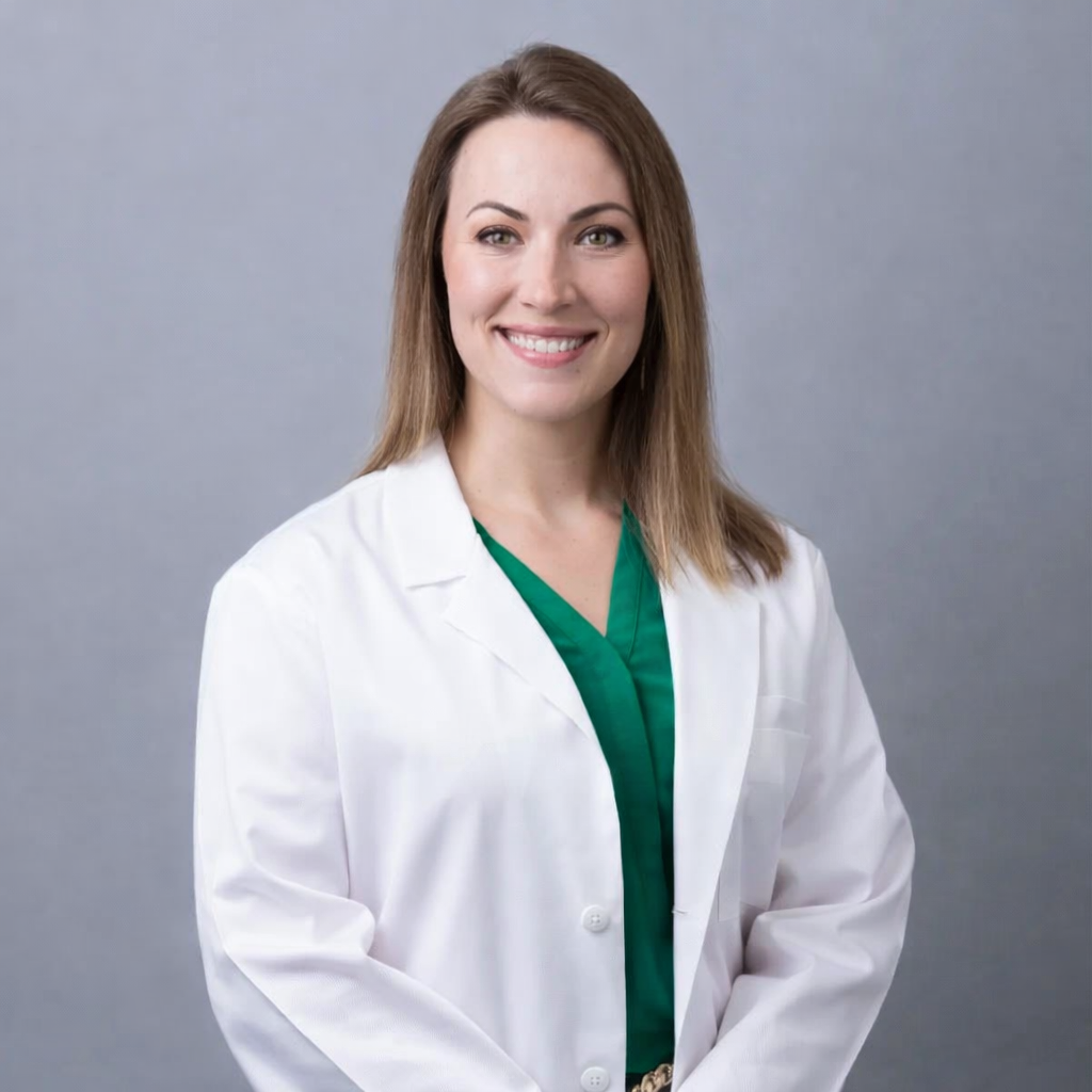Smiling person in medical attire, stethoscope, and glasses. Burgundy scrubs, white coat, holding coat.