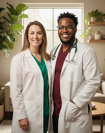 Two medical professionals smile at the camera, wearing lab coats and scrubs, in a brightly lit room.