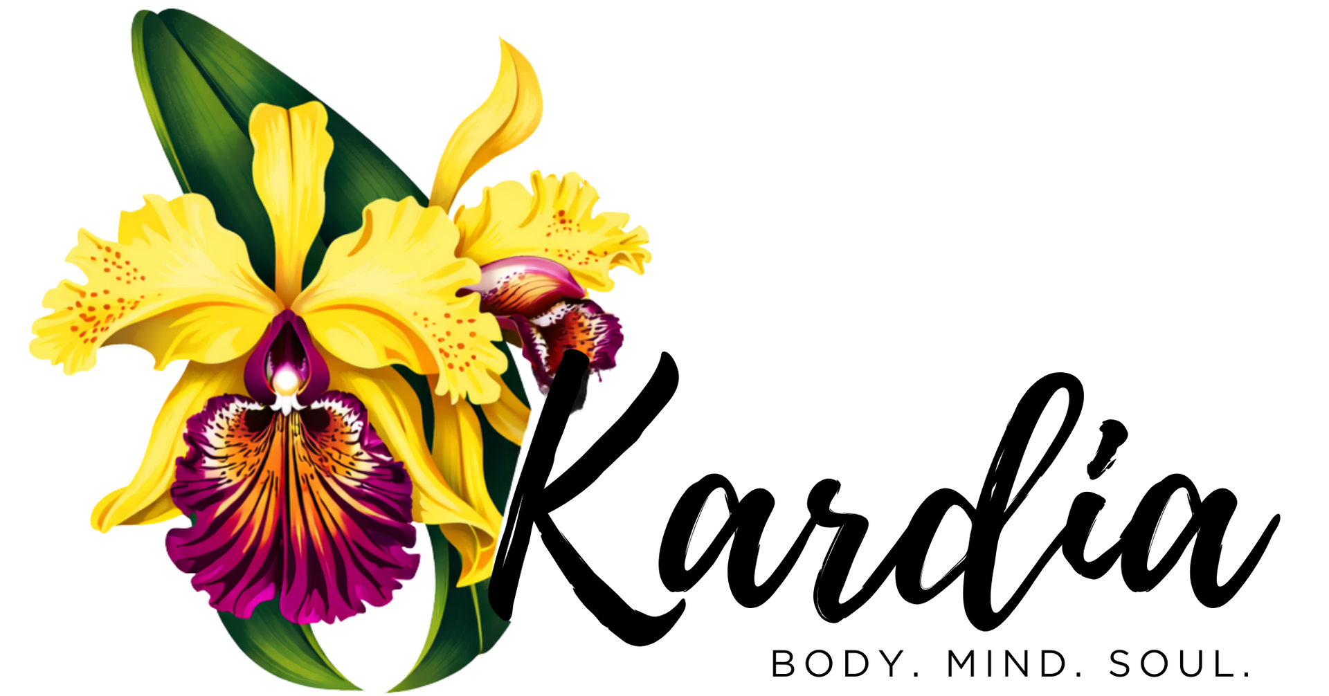 Logo: Pink orchid and figs encircled by greenery; Kardia Wellness Co. text below.