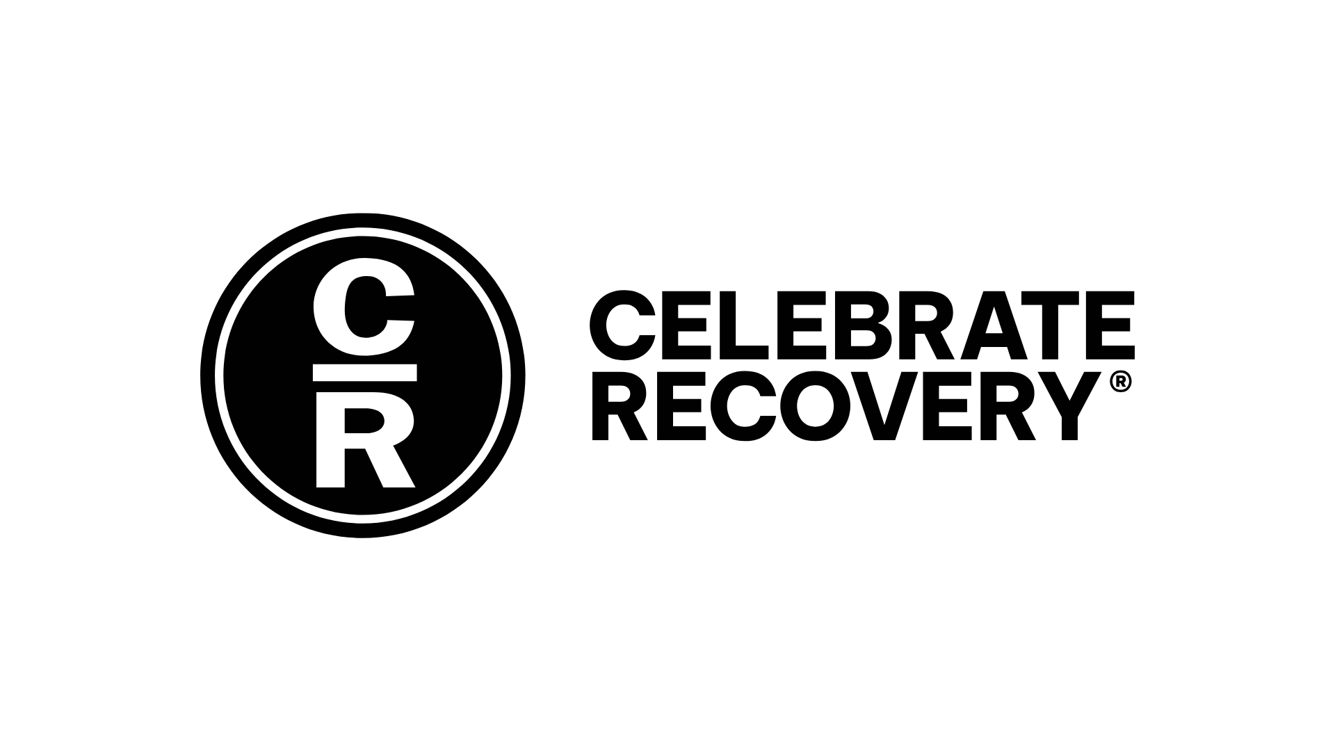 Black and white Celebrate Recovery logo: circle with 