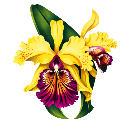 Pink orchids and green monstera leaves.