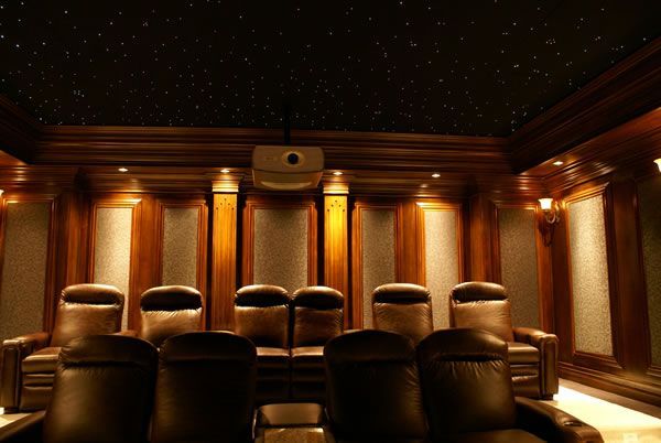 A home theater with a projector and a lot of chairs