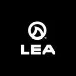 The lea logo is white on a black background.