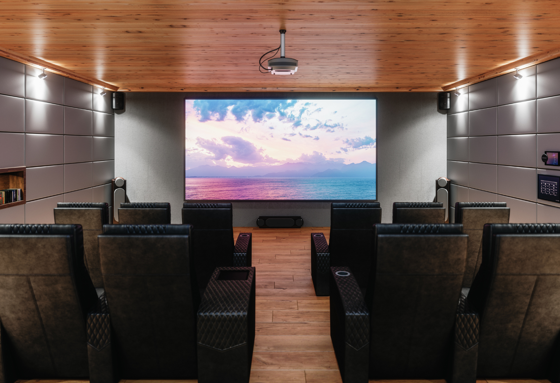 A room with a flat screen tv and speakers