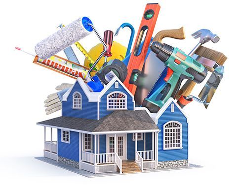 A blue house surrounded by construction tools on a white background. A blue house surrounded by construction tools on a white background.