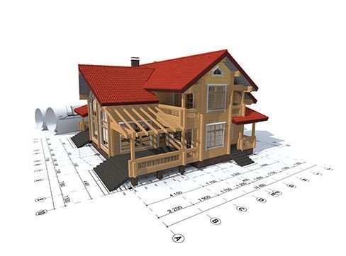 A 3D model of a house with a red roof on top of a blueprint. A 3D model of a house with a red roof on top of a blueprint.