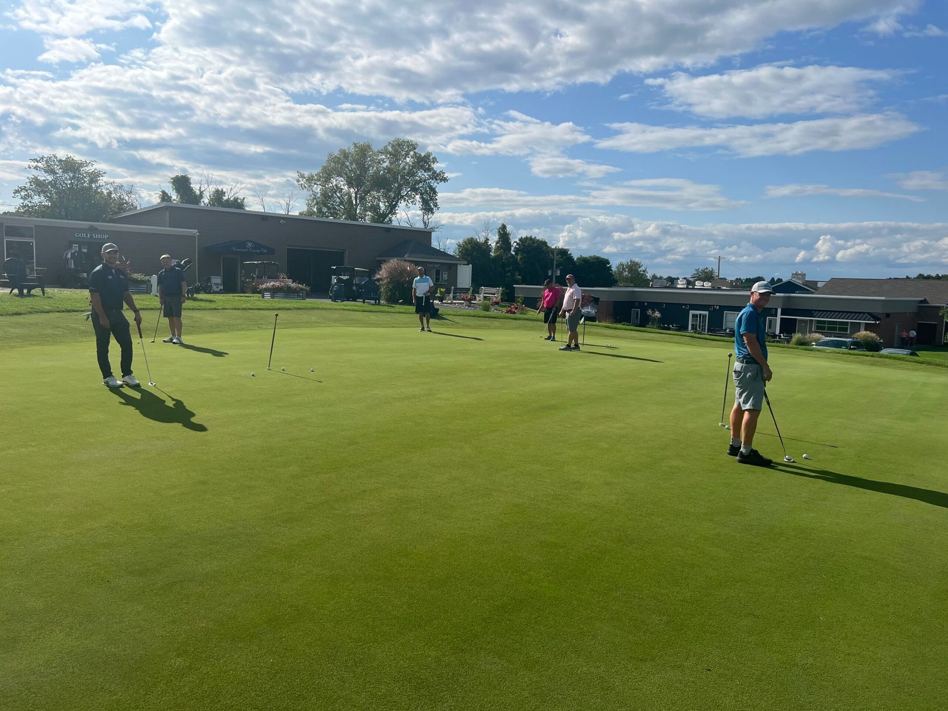 A group of people are playing golf on a lush green field