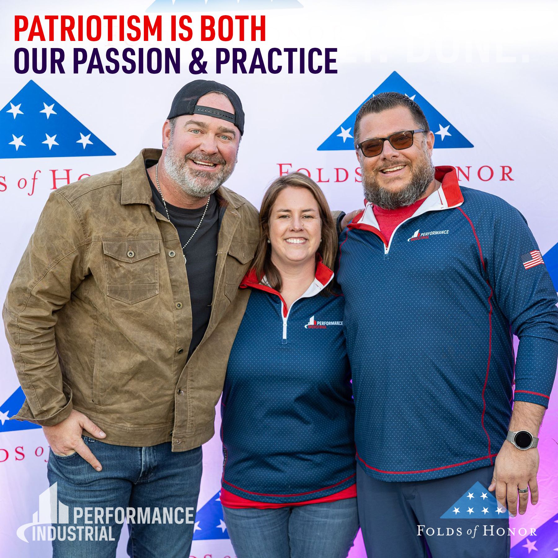 Three people posing for a picture with the words patriotism is both our passion and practice