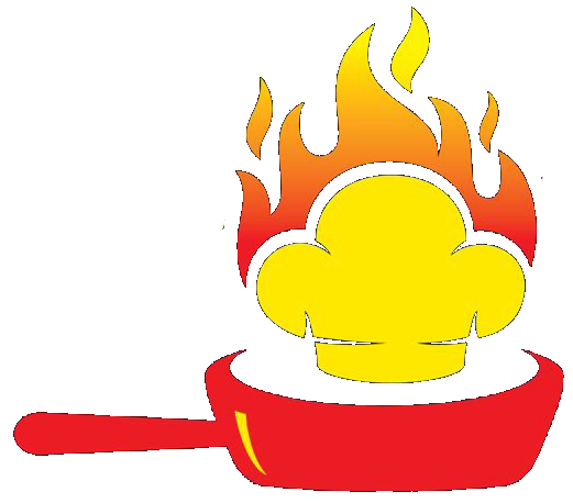 Cappello da cuoco in una padella rossa avvolta dalle fiamme.