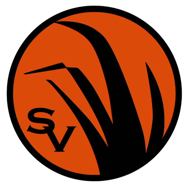 Orange and black circular logo with