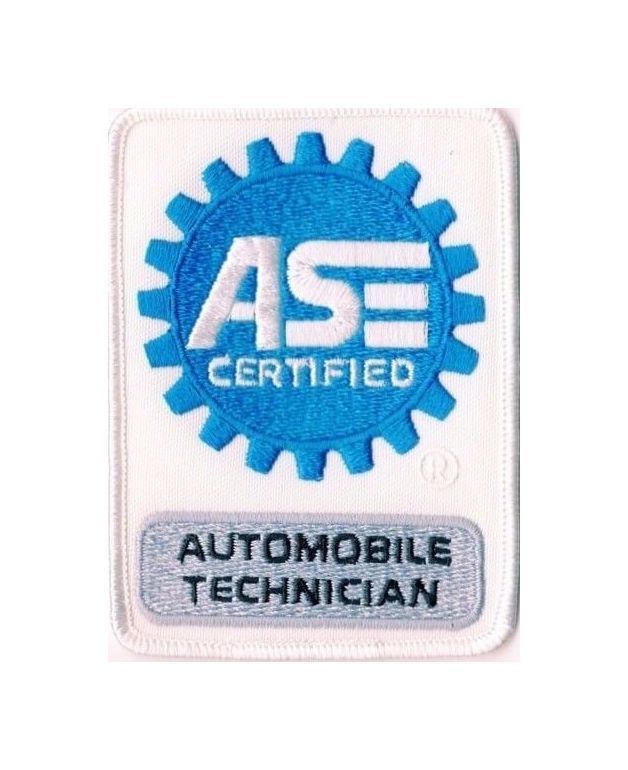 An ase certified automobile technician patch on a white background
