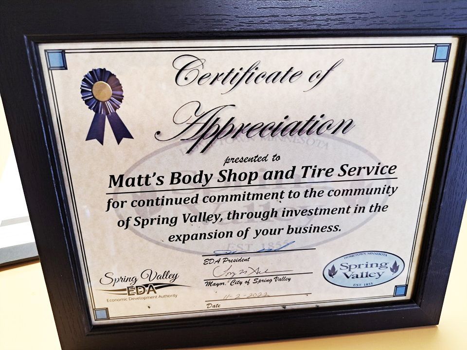 A certificate of appreciation for matt 's body shop and tire service
