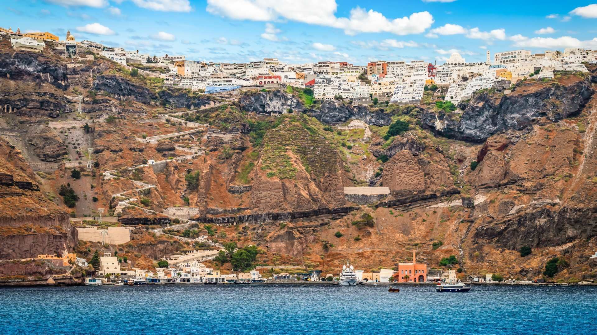 Old Port of Fira at the bottom of the cliffside