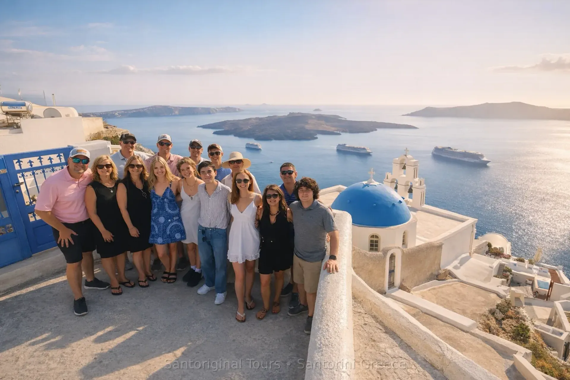 A multi‑generational family enjoying a caldera viewpoint on a busy Santorini day.