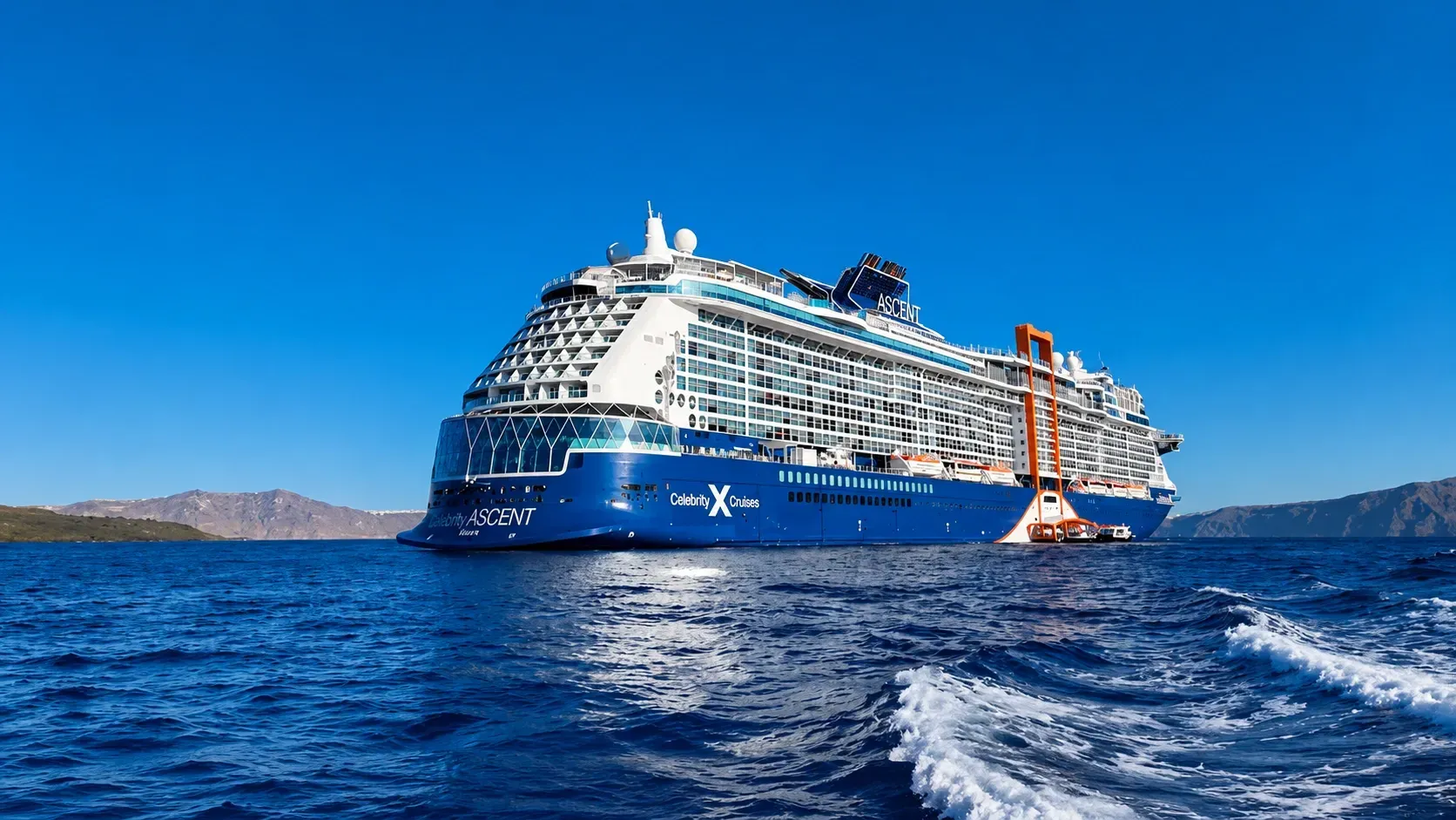 Celebrity cruise ship anchored off Santorini