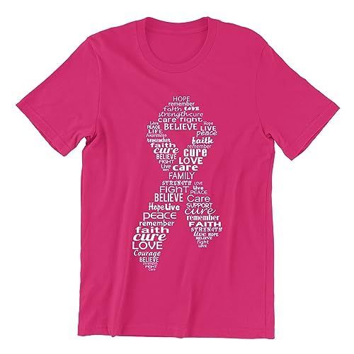 Pink t-shirt with a white ribbon design made of words related to breast cancer awareness.