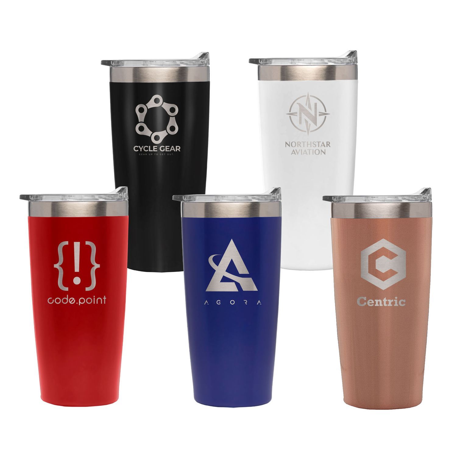 Five insulated tumblers in different colors, each with a unique logo engraved on the front.