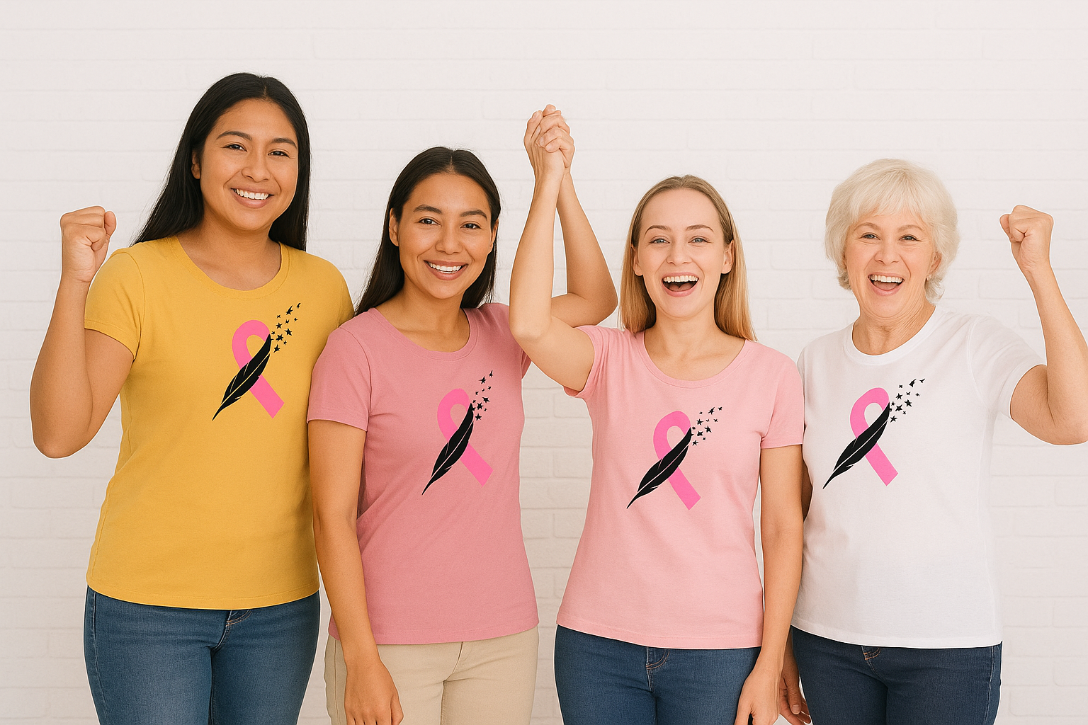 Large group of diverse people posing outdoors, some lying down, holding umbrella under overcast sky.