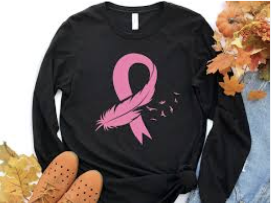 Black long-sleeved shirt with a pink breast cancer ribbon and feather design.