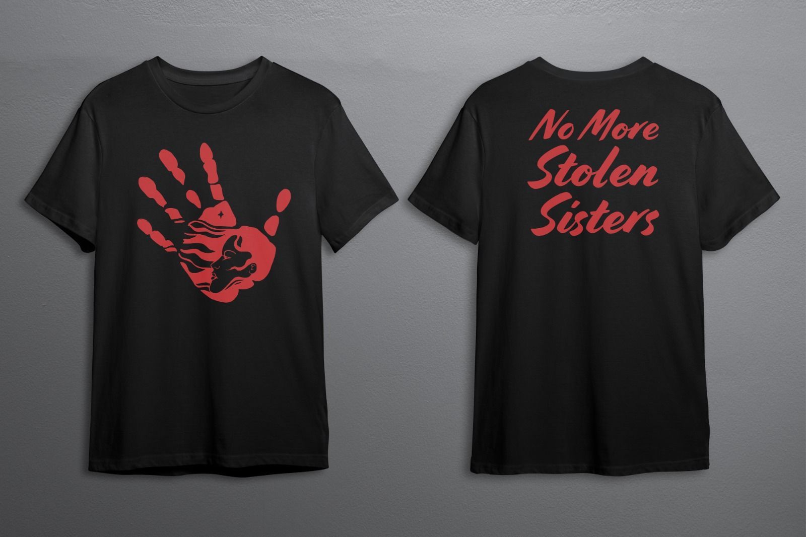 No More Stolen Sisters t-shirts with red painted hand print