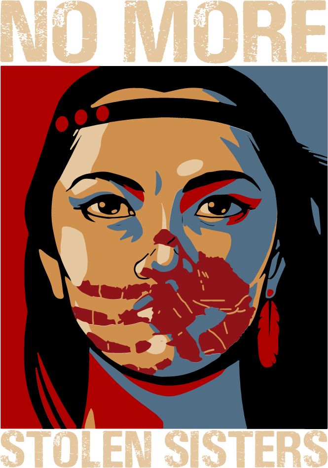 No More Stolen Sisters Image - Indigenous woman graphic with red painted hand print over her mouth 