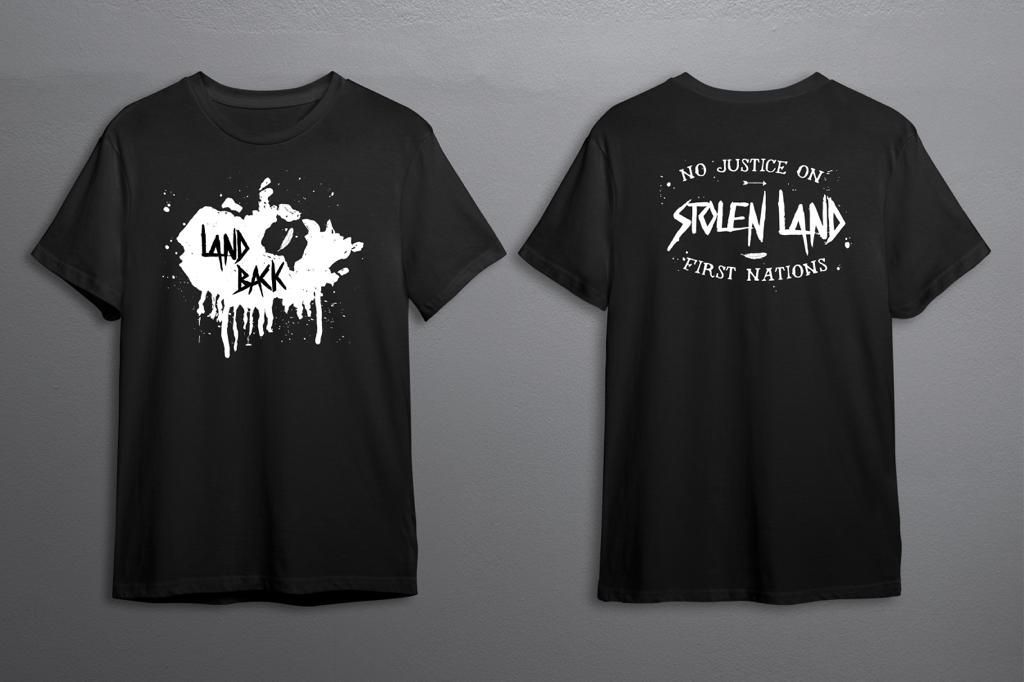 Land Back Movement black and white promotional t-shirts