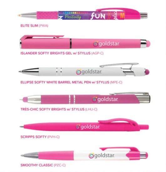 Pink pens with various designs and Goldstar logo.