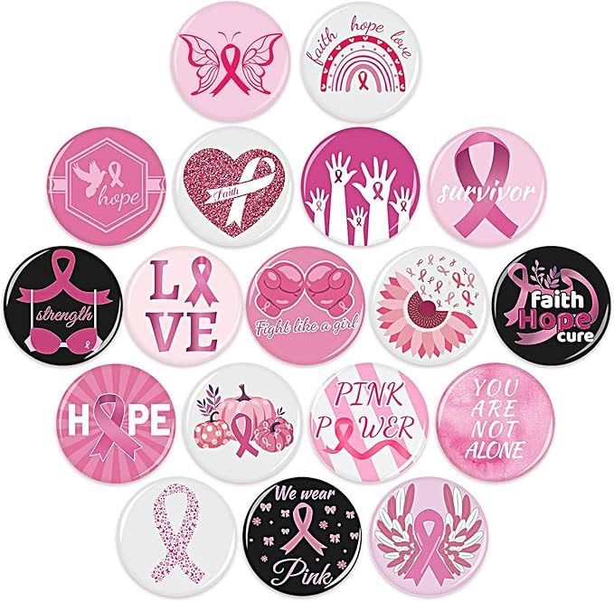 Collection of round pink breast cancer awareness pins with various designs and text.