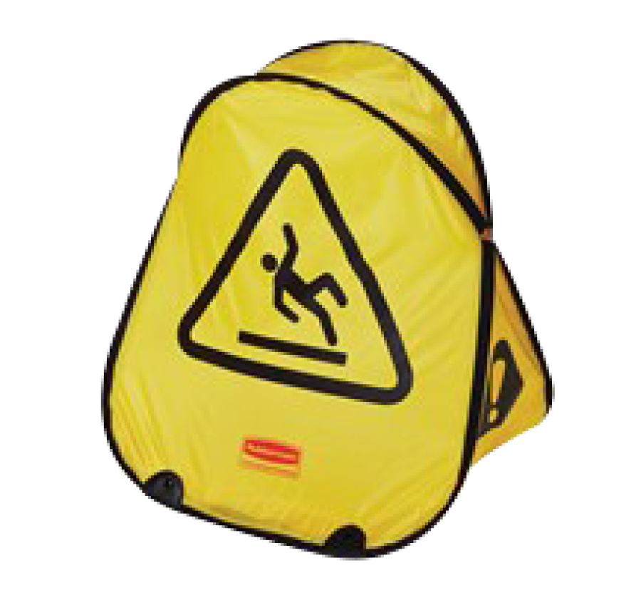 A yellow bag with a wet floor sign on it