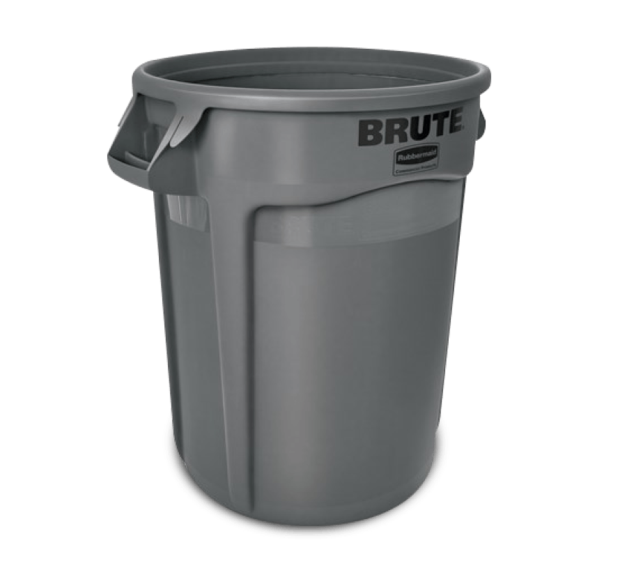 A gray brute trash can on a white background
