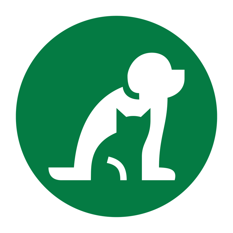 A white icon of a dog and a cat in a green circle.