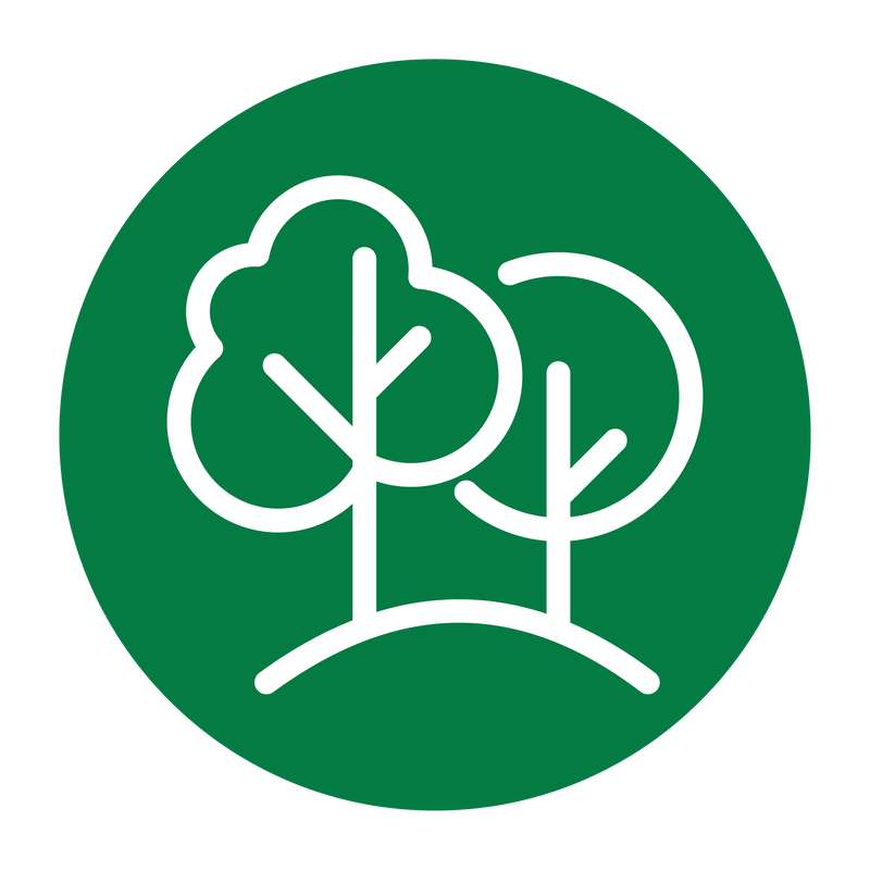 A line drawing of two trees in a green circle.