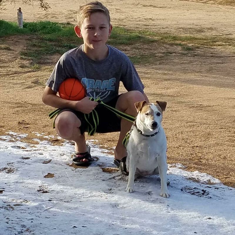 A boy kneeling down next to a dog holding a basketball
