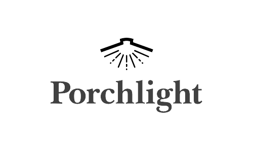 a black and white logo for porchlight with a light coming out of a roof .