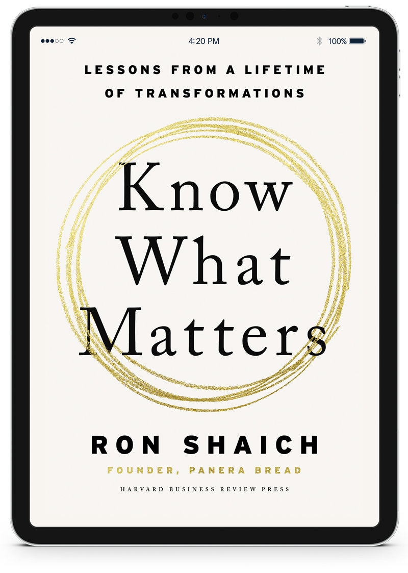 a tablet displays the book know what matters by ron shaich