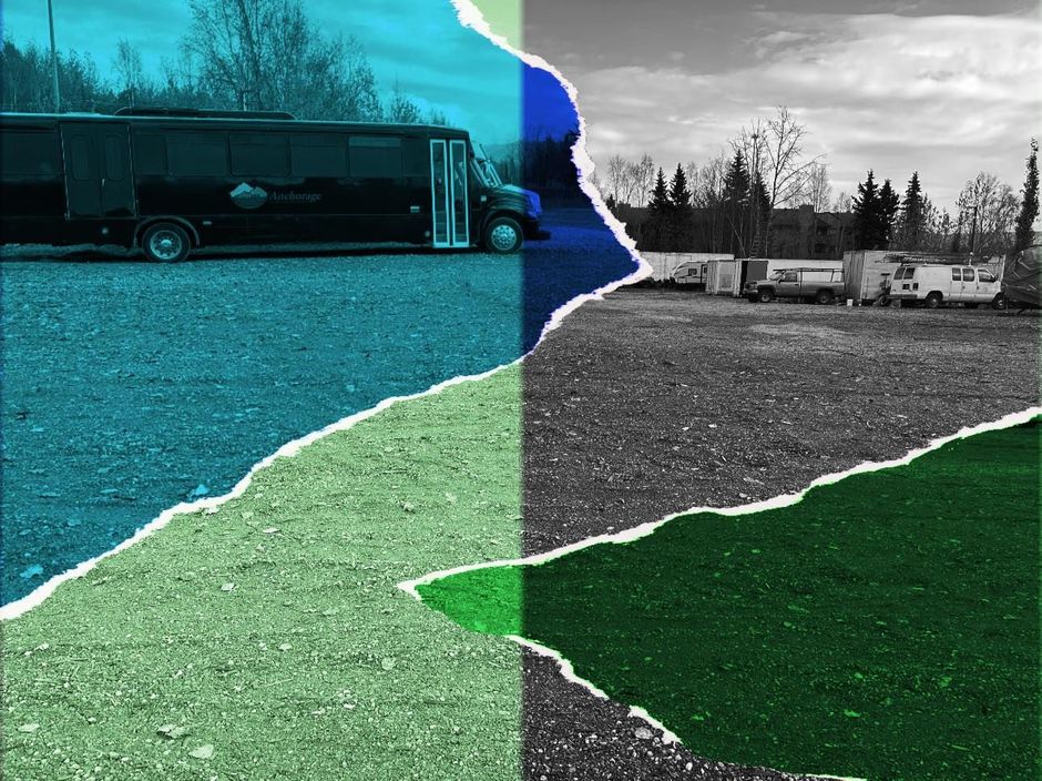 Black bus on blue-green asphalt, color-split to grayscale trailer park, torn paper effect.