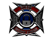 Emblem for Busse Secured Storage: Shield with cross design, blue and red accents, padlock icon.