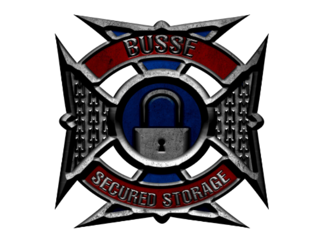Emblem for Busse Secured Storage: Shield with cross design, blue and red accents, padlock icon.