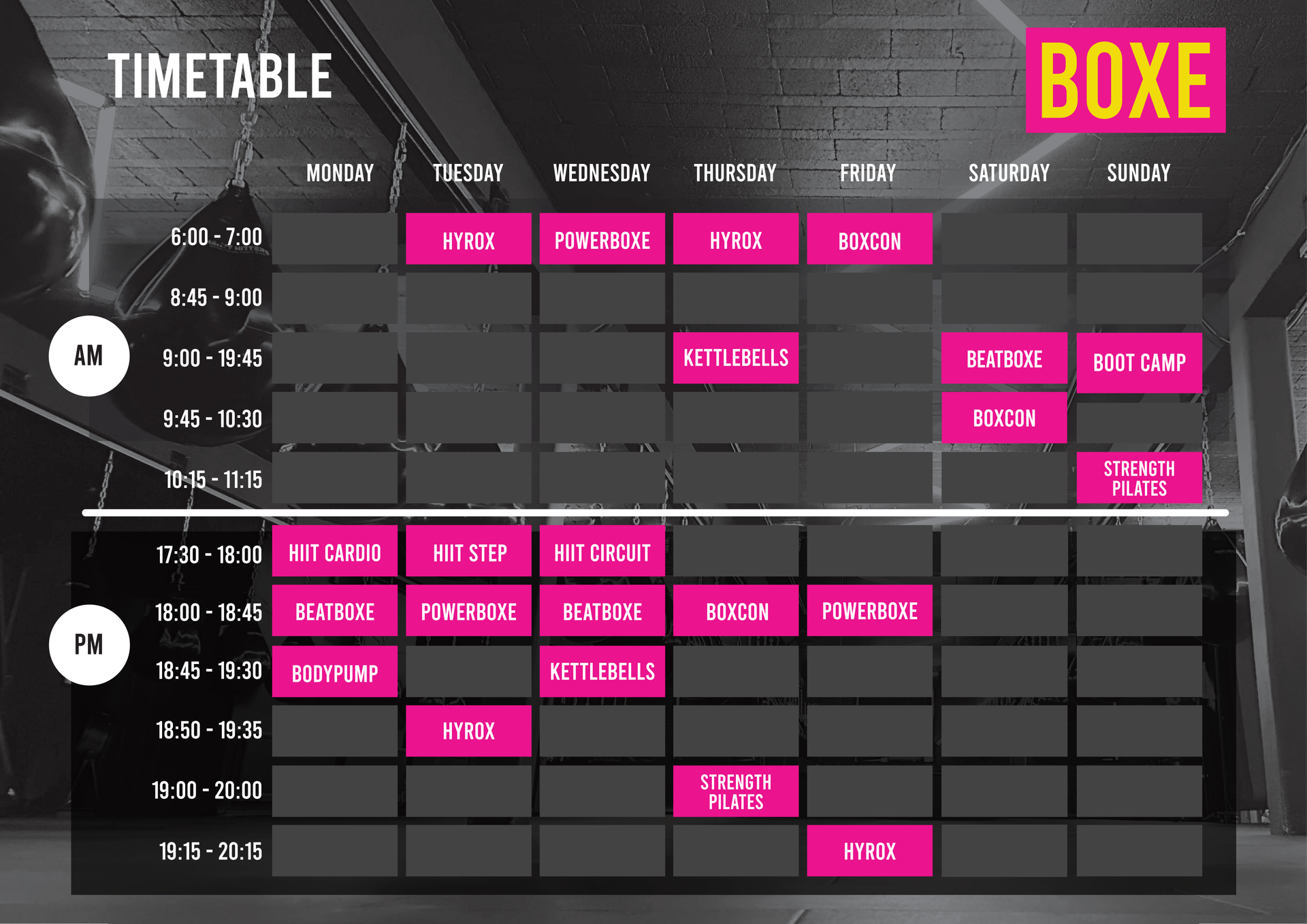 A boxing timetable for halton boxing club